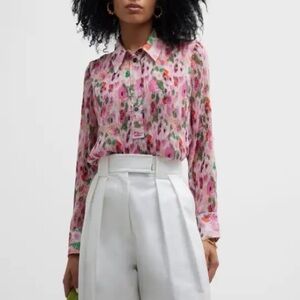 Ganni Floral Pleated Half Button Blouse Pink Womens 36 4 Pink